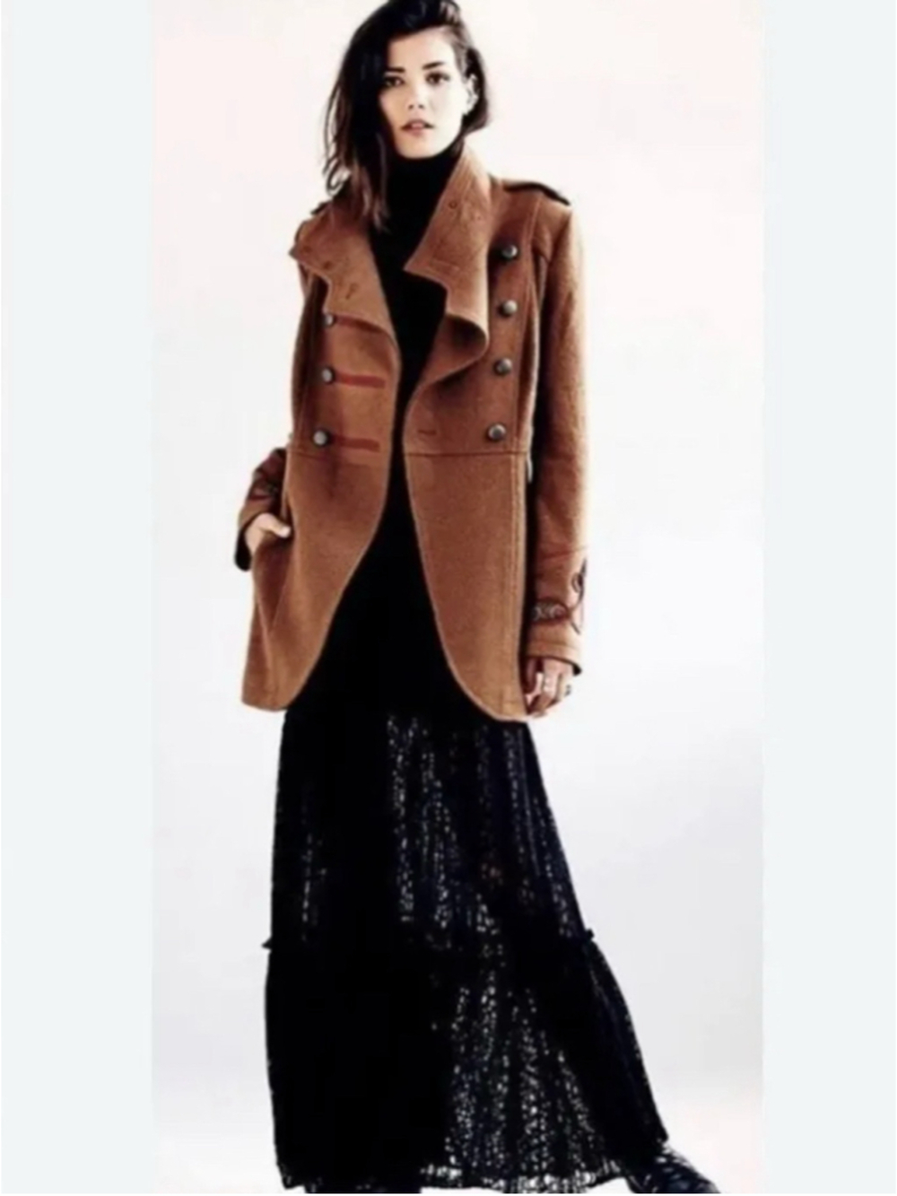 Free People Military Wool Pea Coat Women's Size 0 (17” PTP) Brown Pink